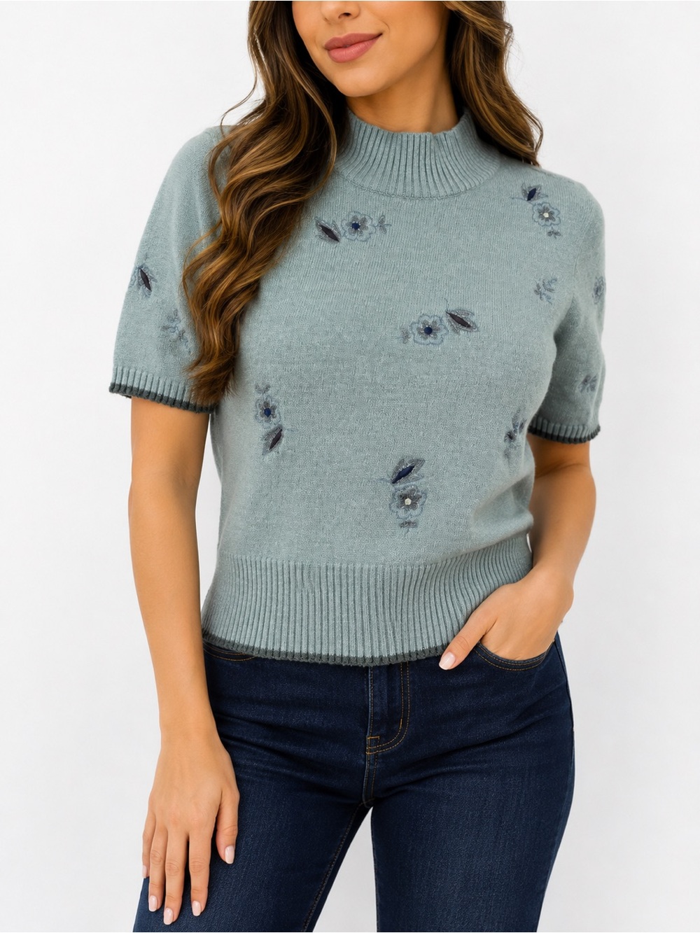 Dana B & Karen Floral Embroidered Mock Neck Wool Blend Sweater Top M